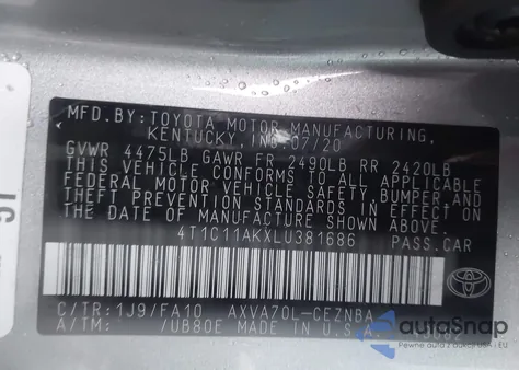 2020 Toyota Camry Le from USA, damaged, VIN 4T1C11AKXLU381686